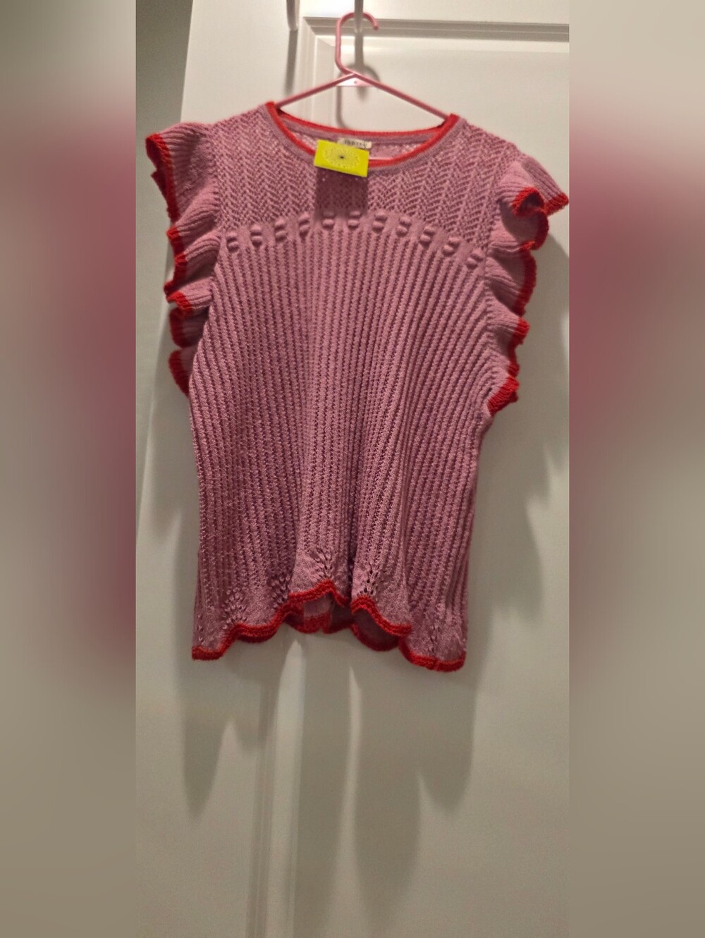 JODIFL Pink Knit Ruffle Trim Sleeveless Top with Red Edging